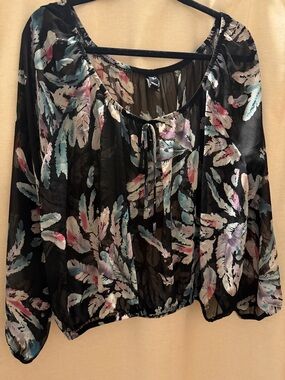 Windsor Black Sheer Feather-Print Peasant Blouse